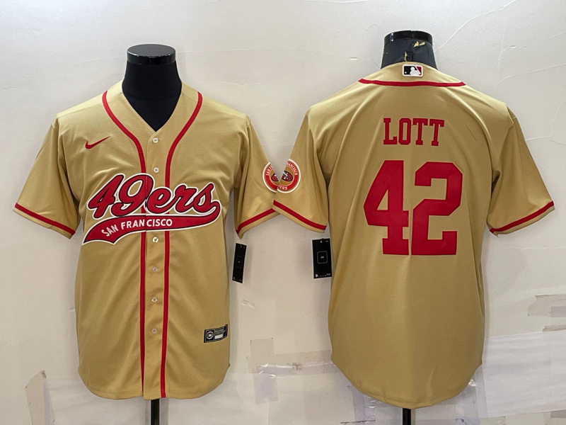 Men's Gold San Francisco 49ers #42 Ronnie Lott With Patch Cool Base Stitched Baseball Jersey